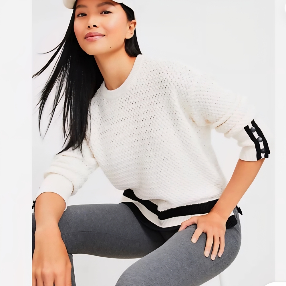 Lou & Grey Cream & Black Waffle Knit Sweater Womens Small